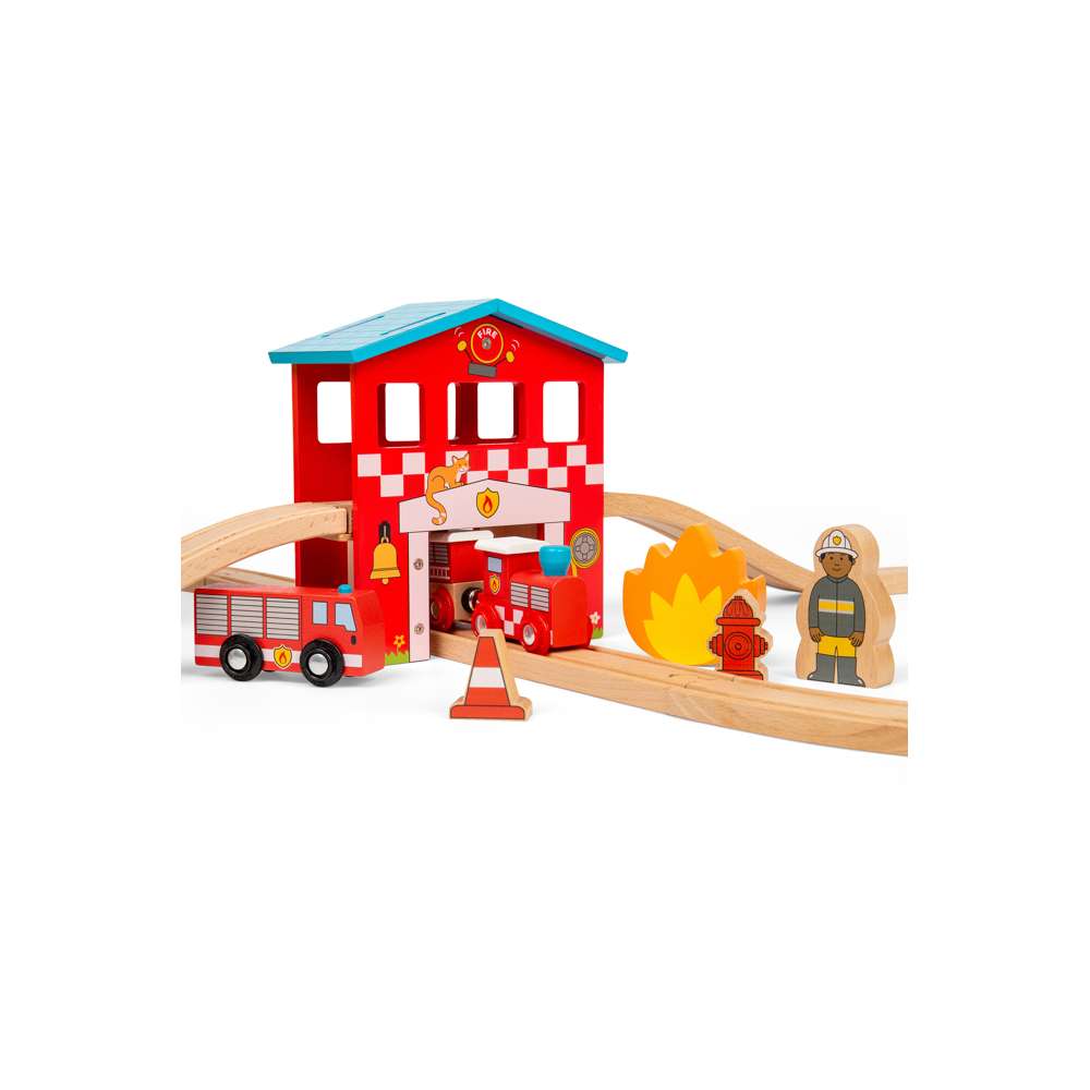 Wooden Fire Station Train Set for Kids 39 Piece Rescue Railway Play