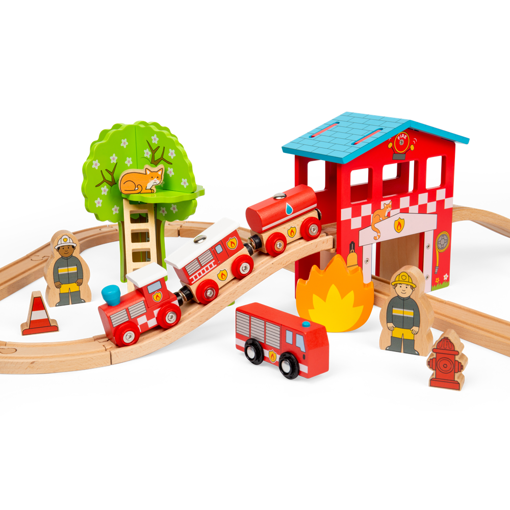Wooden Fire Station Train Set for Kids 39 Piece Rescue Railway Play
