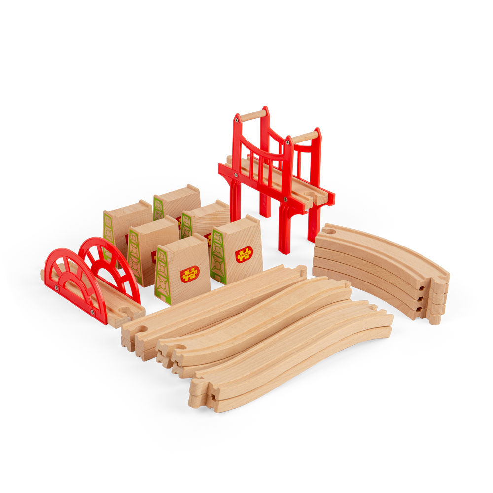 Wooden Bridge Expansion Set for Train Sets – 18 Piece Railway Accessory