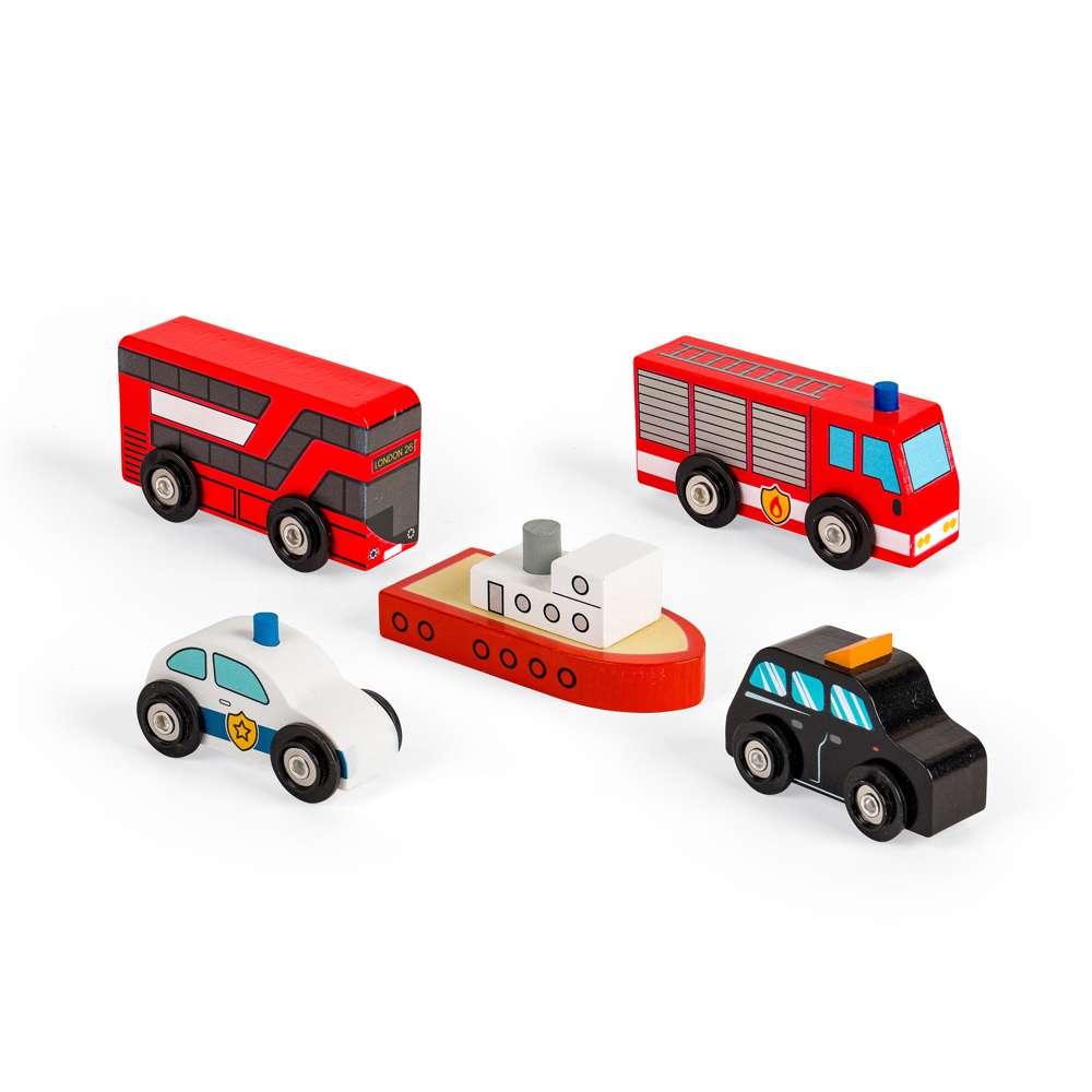 City Vehicles Set – Wooden Taxi, Double Decker Bus, Fire Engine, Police Car