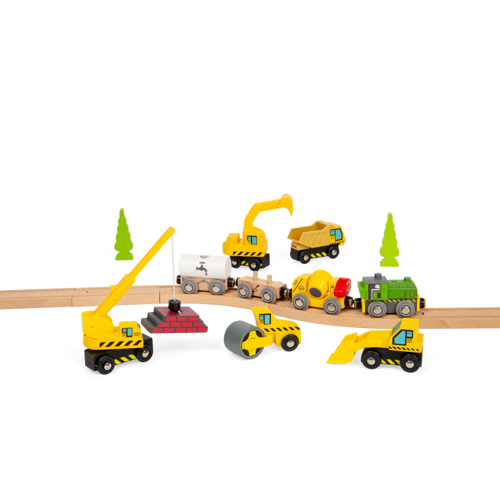 Wooden Construction Site Vehicles Set – Train Accessories for Kids