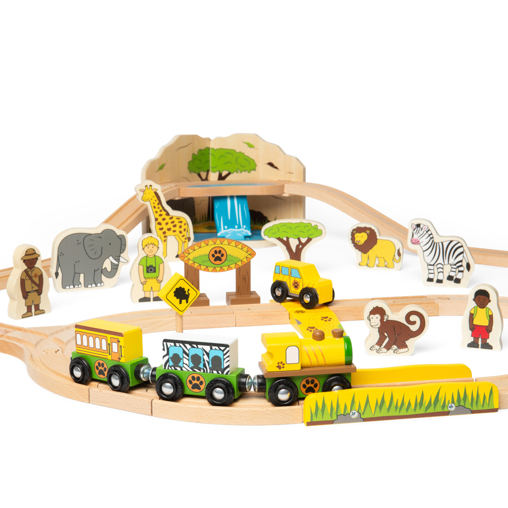 Safari Wooden Train Set for Kids with Wild Animals and Accessories 38 Piece