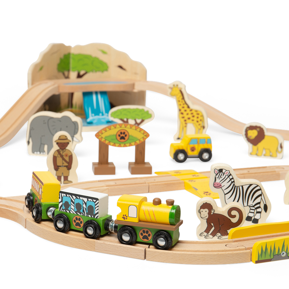 Safari Wooden Train Set for Kids with Wild Animals and Accessories 38 Piece
