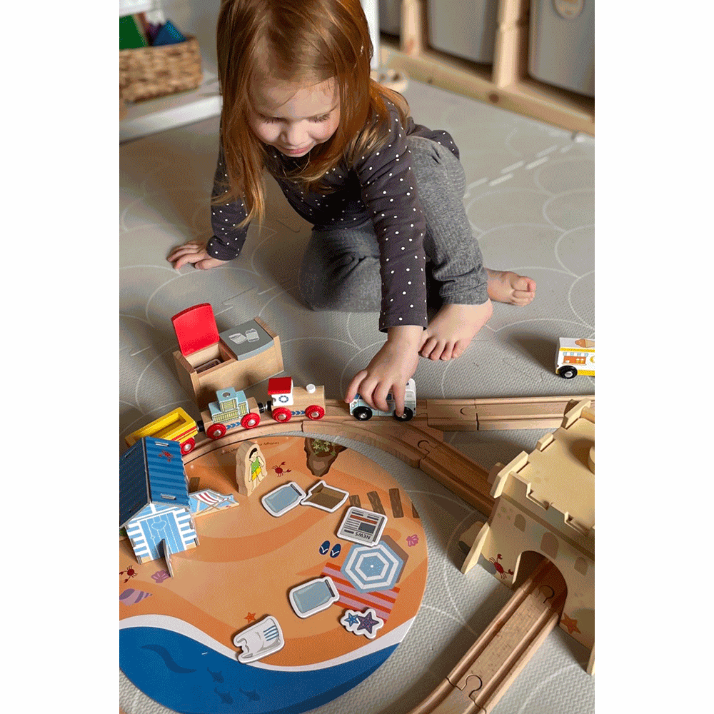 Coastal Clean Up Wooden Train Set for Kids with 70 Pieces and Accessories