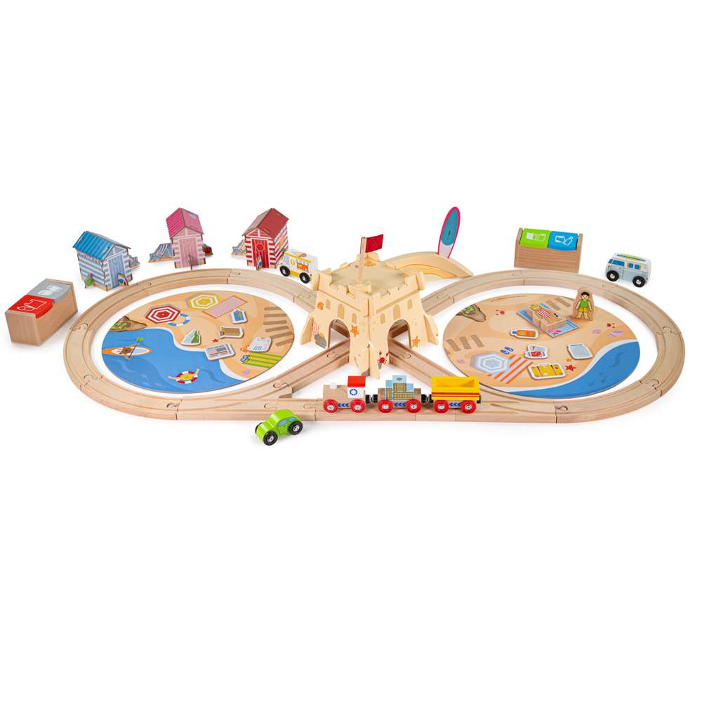 Coastal Clean Up Wooden Train Set for Kids with 70 Pieces and Accessories