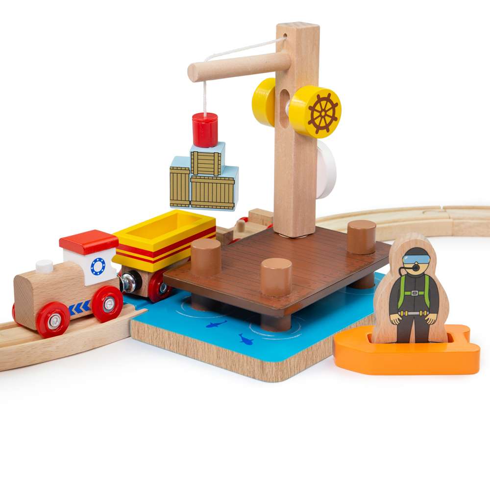 Crane Dock Dinghy & Diver – Wooden Train Accessory for Railway Sets