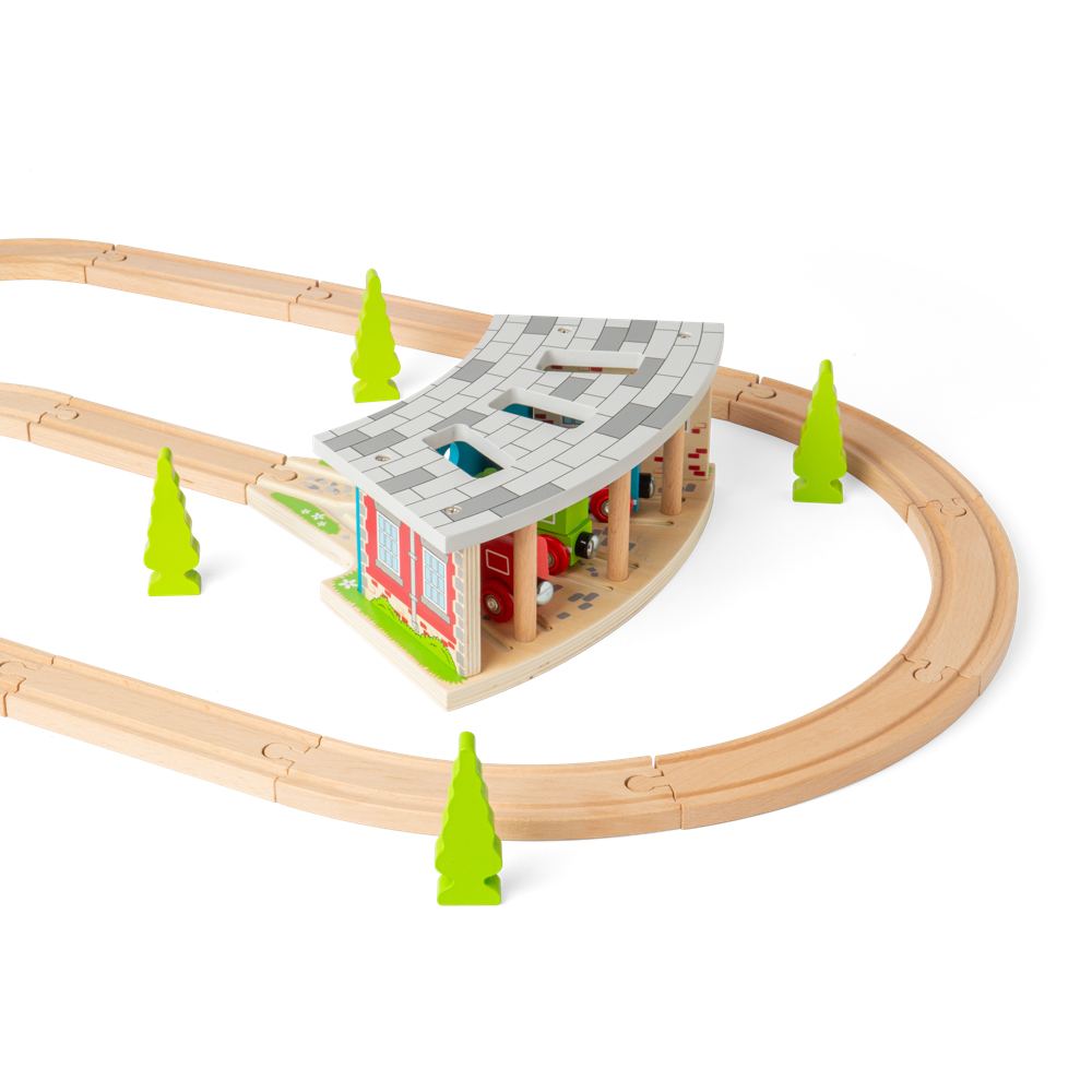 Triple Engine Shed – Wooden Railway Train Accessory Compatible with Major Brands