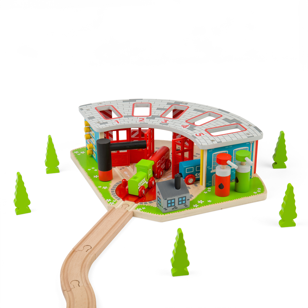 Five Way Engine Shed – Wooden Train Set Accessory with Turntable & Pumps