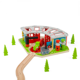 Five Way Engine Shed – Wooden Train Set Accessory with Turntable & Pumps