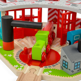 Five Way Engine Shed – Wooden Train Set Accessory with Turntable & Pumps