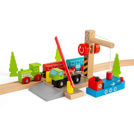 Container Shipping Yard – Wooden Train Set Accessory with Crane
