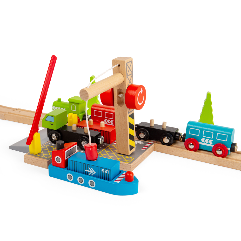 Container Shipping Yard – Wooden Train Set Accessory with Crane