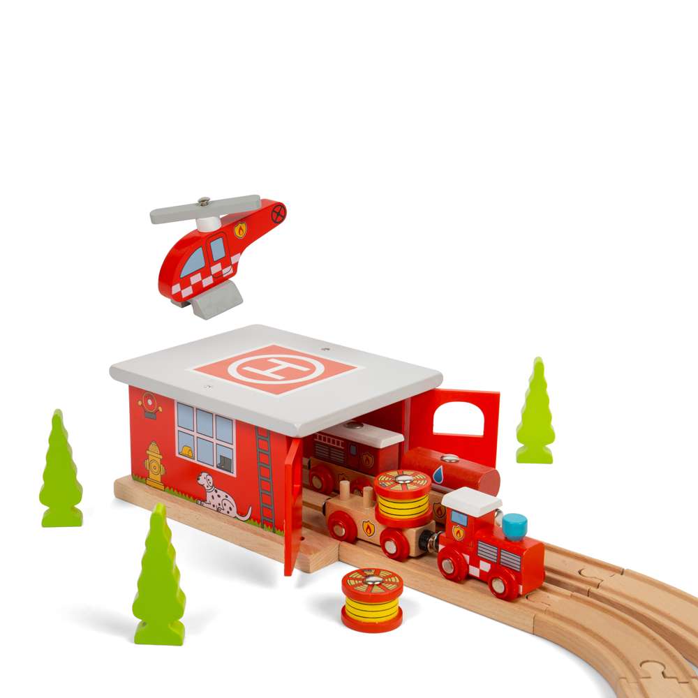 Wooden Fire Station Shed – Train Accessory for Wooden Railway Sets