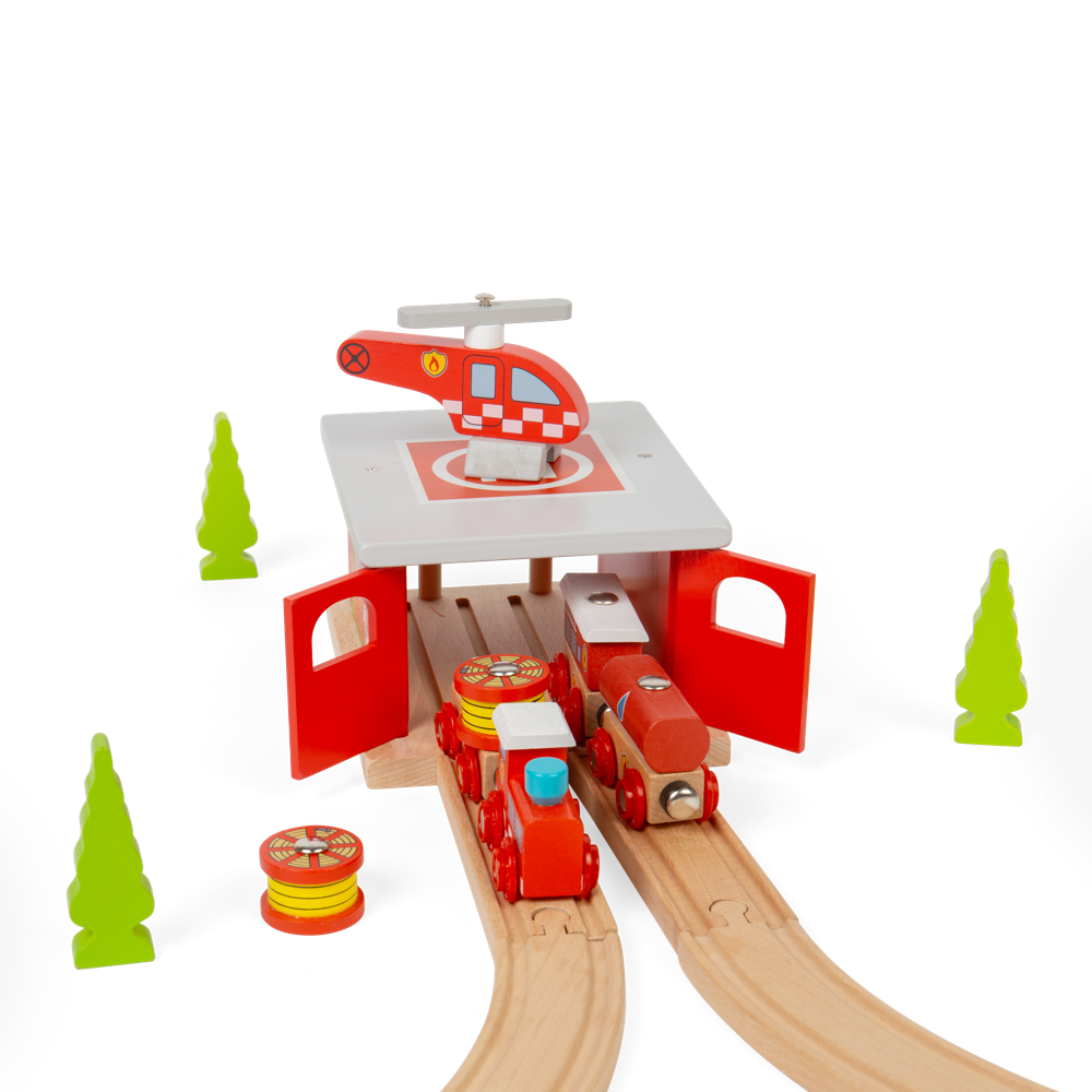 Wooden Fire Station Shed – Train Accessory for Wooden Railway Sets