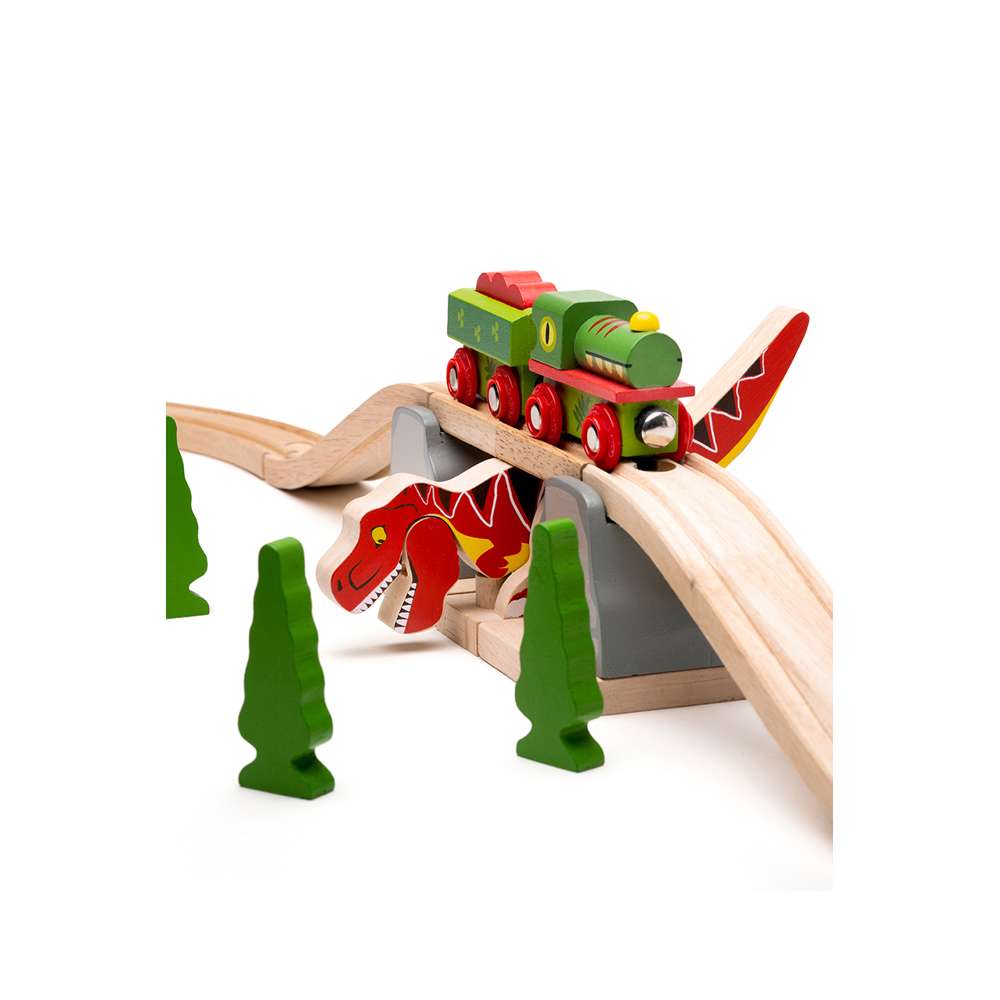 T-Rex Bursting Bridge – Dinosaur Wooden Train Accessory for Railway Sets