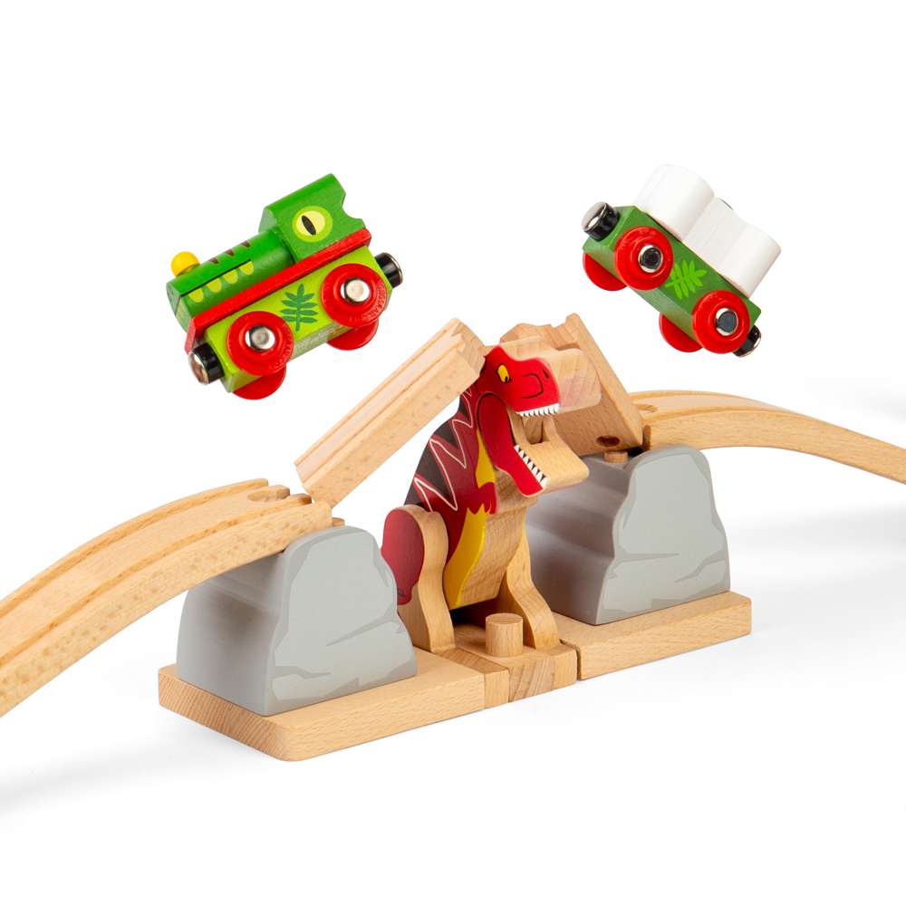 T-Rex Bursting Bridge – Dinosaur Wooden Train Accessory for Railway Sets