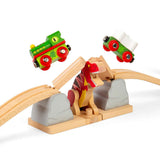 T-Rex Bursting Bridge – Dinosaur Wooden Train Accessory for Railway Sets