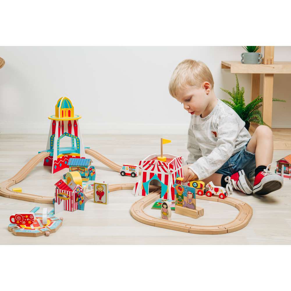 Fun Fair Wooden Train Set for Kids with Accessories 54 Piece Railway Toy