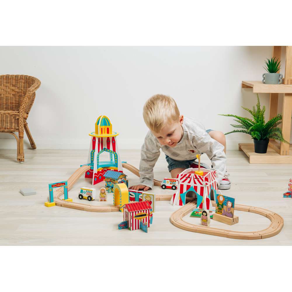 Fun Fair Wooden Train Set for Kids with Accessories 54 Piece Railway Toy