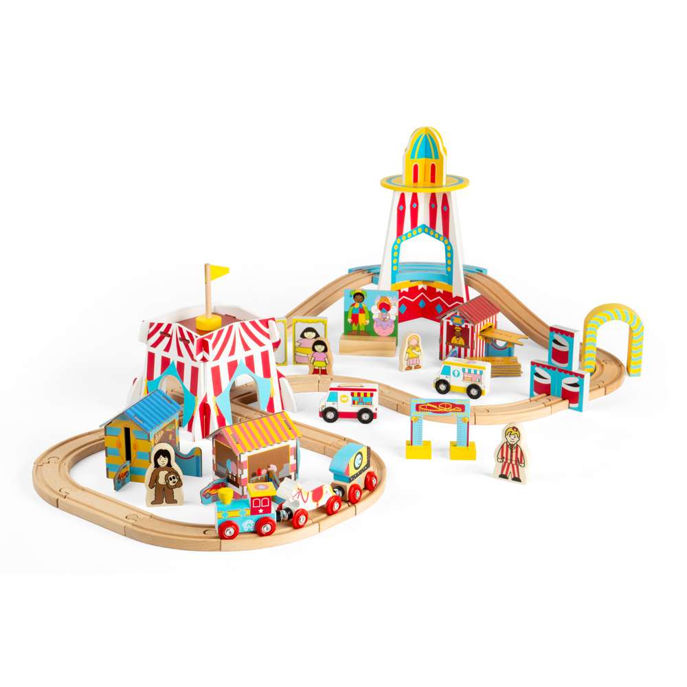 Fun Fair Wooden Train Set for Kids with Accessories 54 Piece Railway Toy