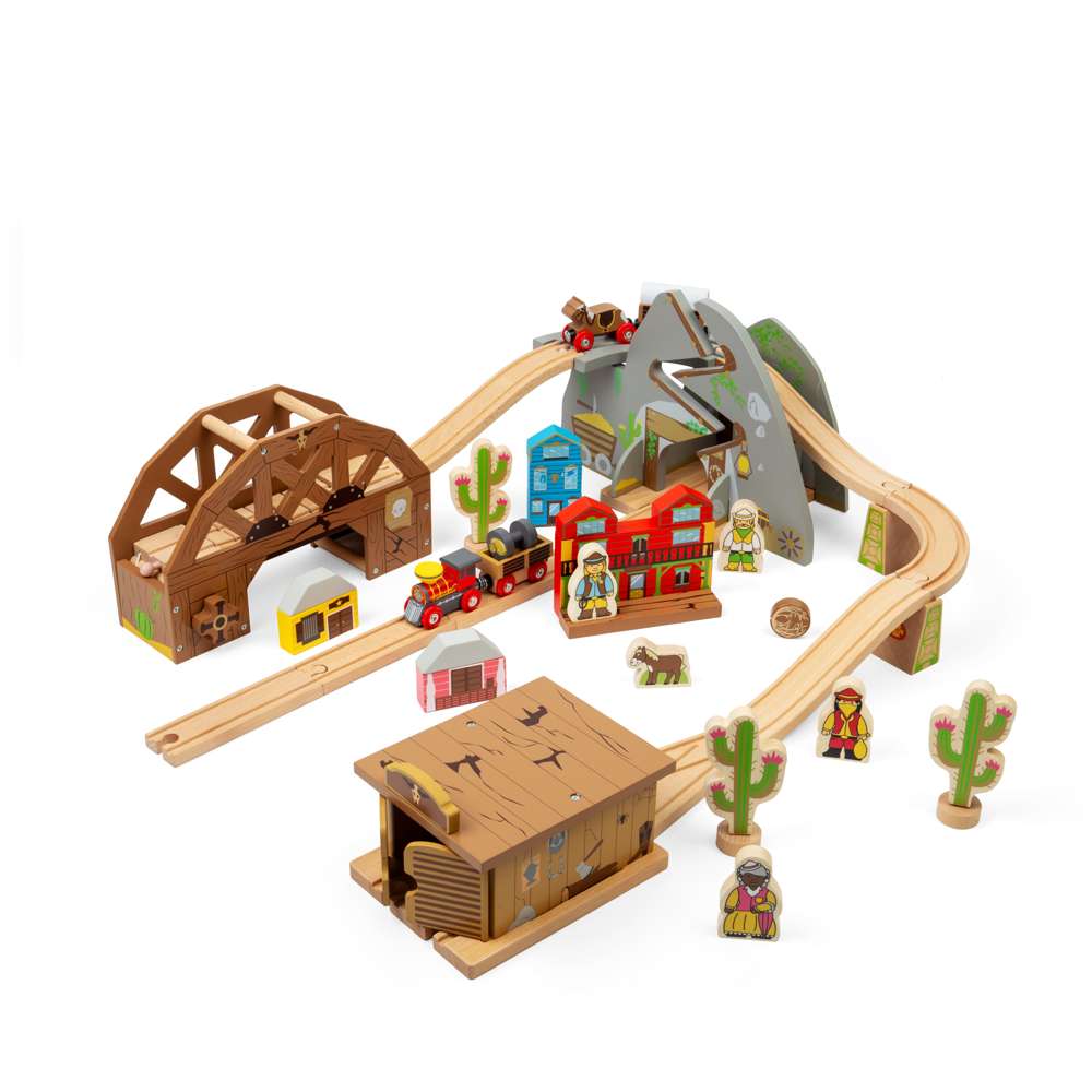 Wild West Wooden Train Set for Kids with Accessories 62 Piece Railway Play