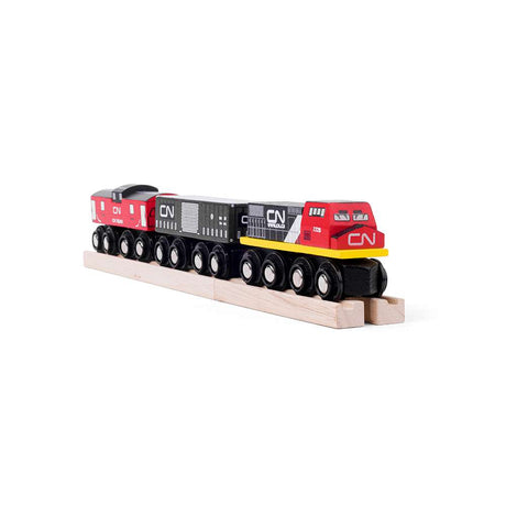 CN Wooden Train Engine with Caboose & Wagon – Compatible Toy Railway