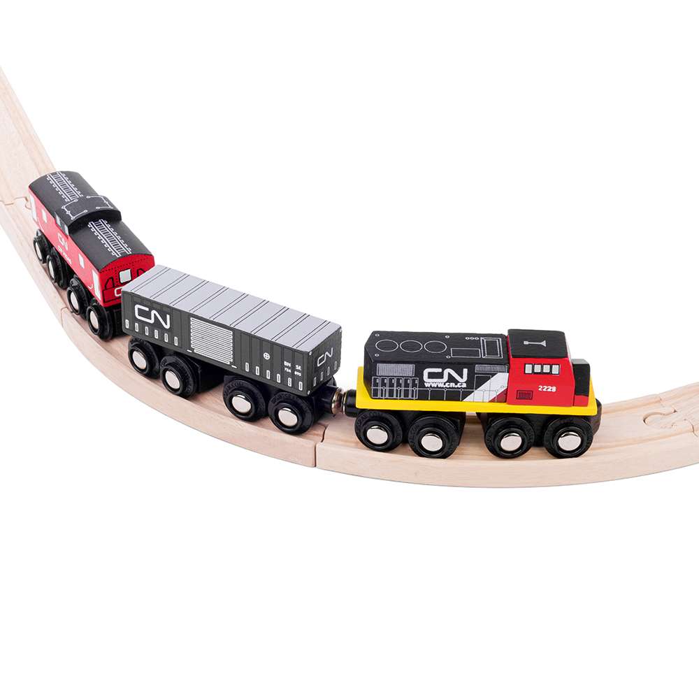 CN Wooden Train Engine with Caboose & Wagon – Compatible Toy Railway