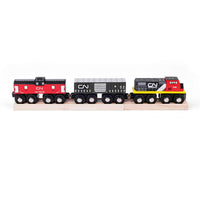 CN Wooden Train Engine with Caboose & Wagon – Compatible Toy Railway