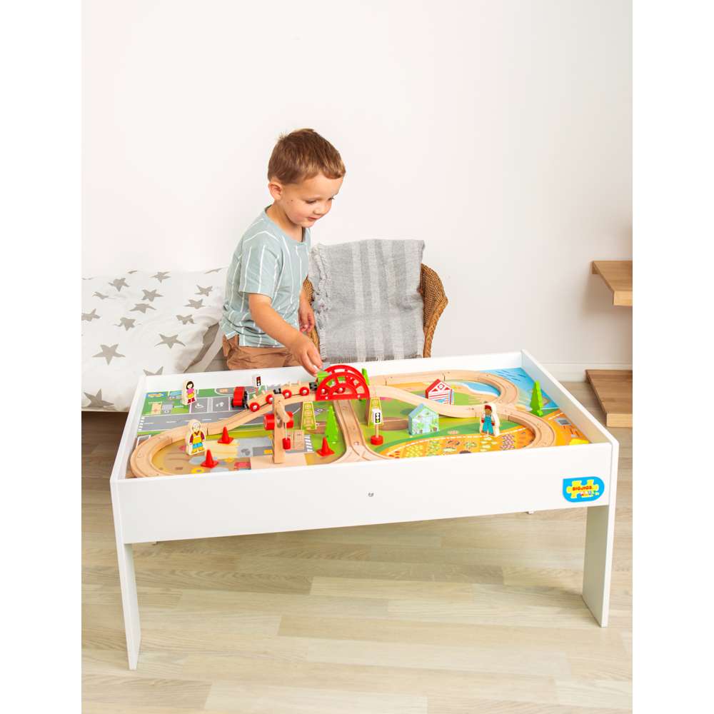 Wooden Train Set and Table for Kids with Accessories 50 Piece Railway Play