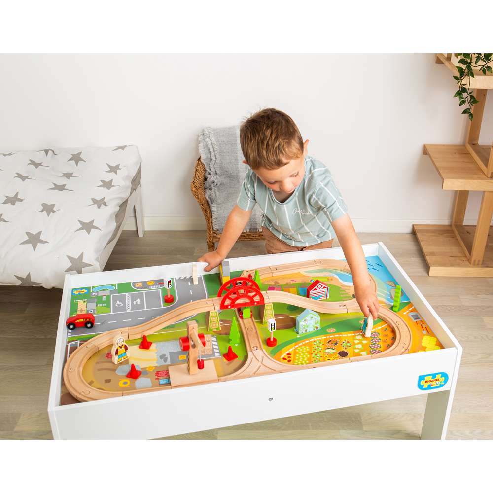 Wooden Train Set and Table for Kids with Accessories 50 Piece Railway Play