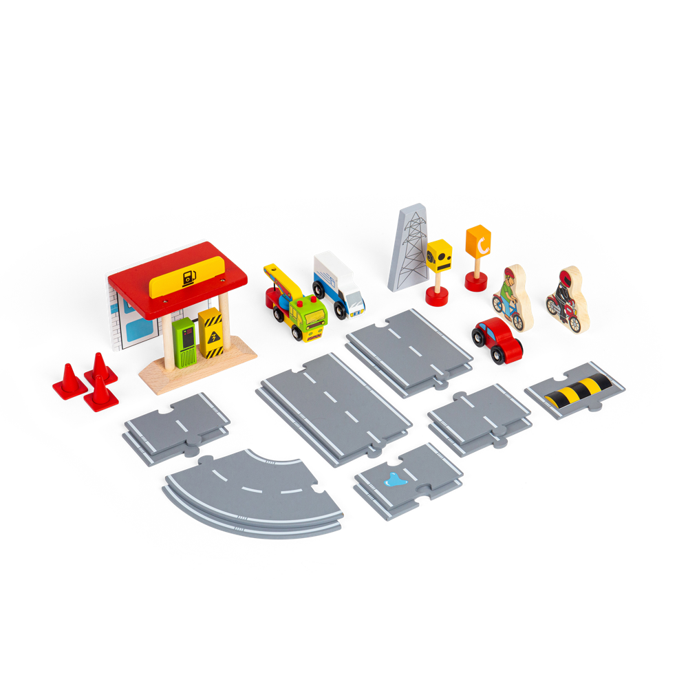 Wooden Roadway Accessory Pack – 25 Piece Vehicles Signs Traffic Set