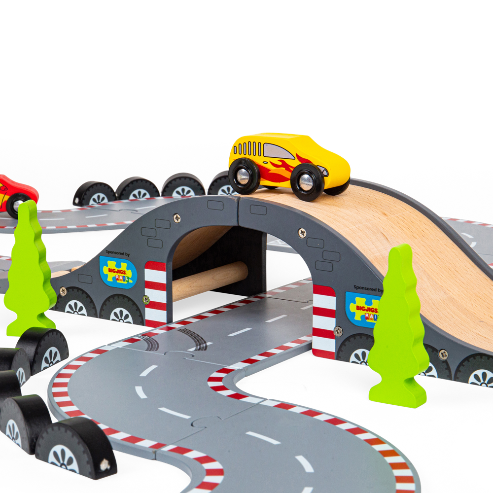 Wooden Race Track Toy Set with Cars and Accessories – 47 Piece Roadway Play