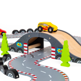 Wooden Race Track Toy Set with Cars and Accessories – 47 Piece Roadway Play