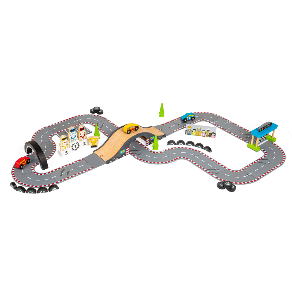Wooden Race Track Toy Set with Cars and Accessories – 47 Piece Roadway Play