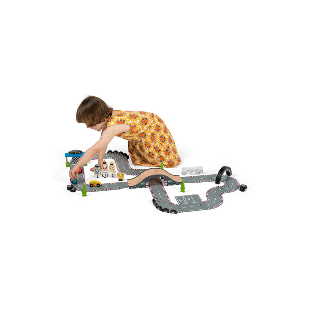 Wooden Race Track Toy Set with Cars and Accessories – 47 Piece Roadway Play