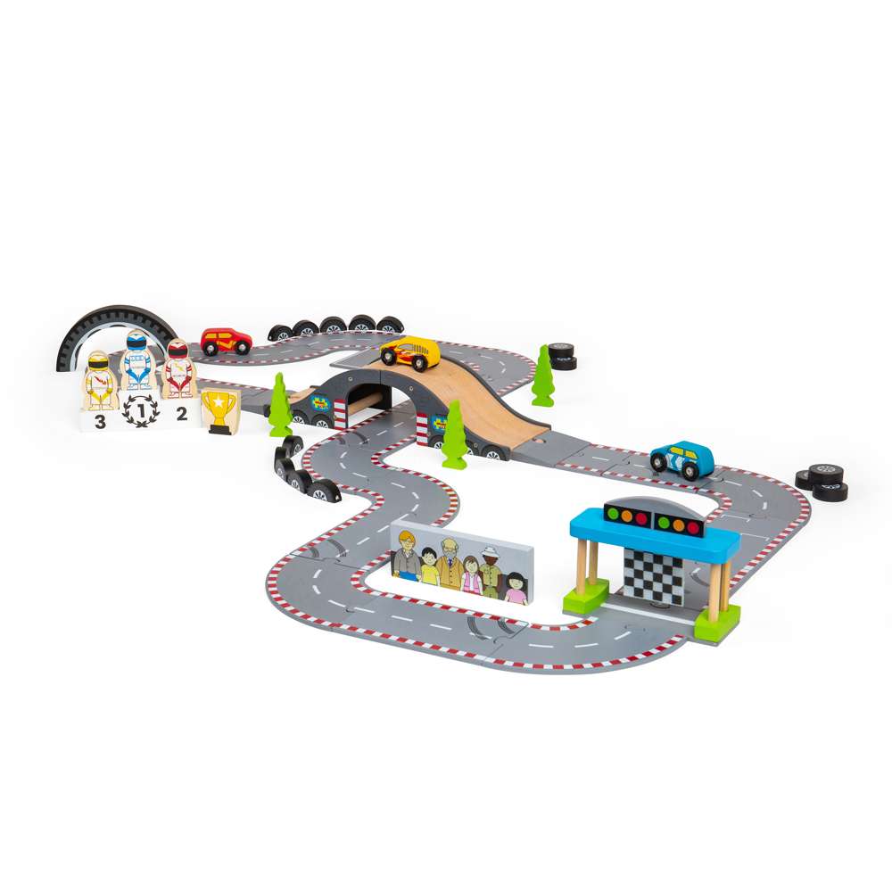 Wooden Race Track Toy Set with Cars and Accessories – 47 Piece Roadway Play