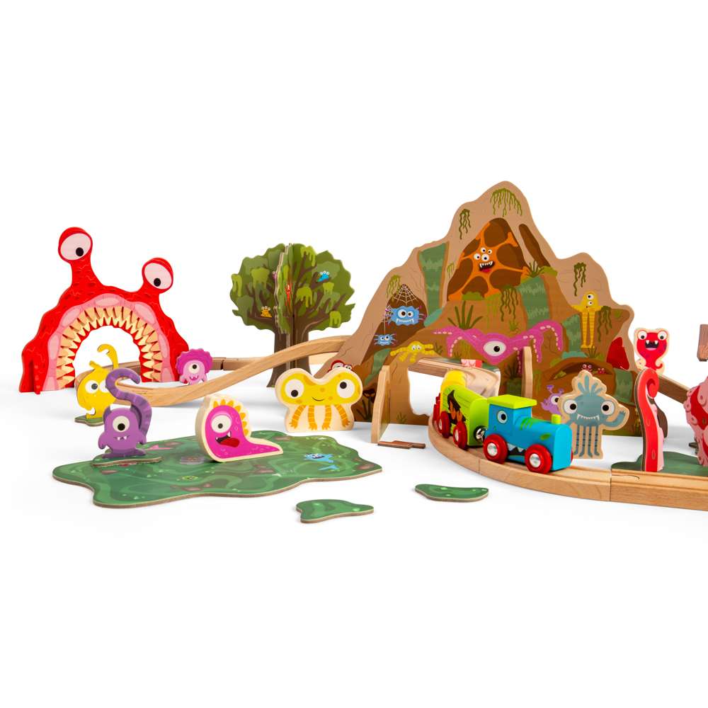Monster Wooden Train Set for Kids with 50 Pieces and Accessories