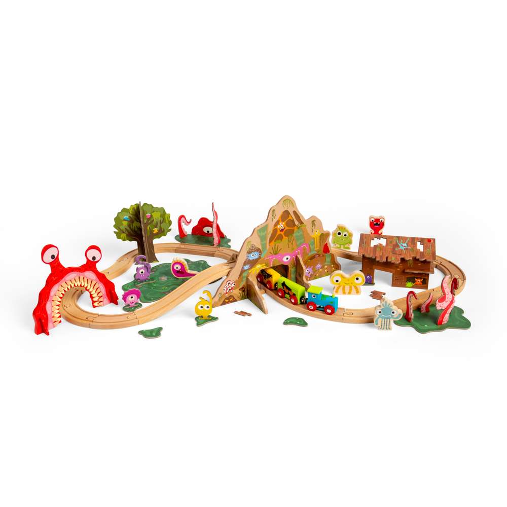 Monster Wooden Train Set for Kids with 50 Pieces and Accessories